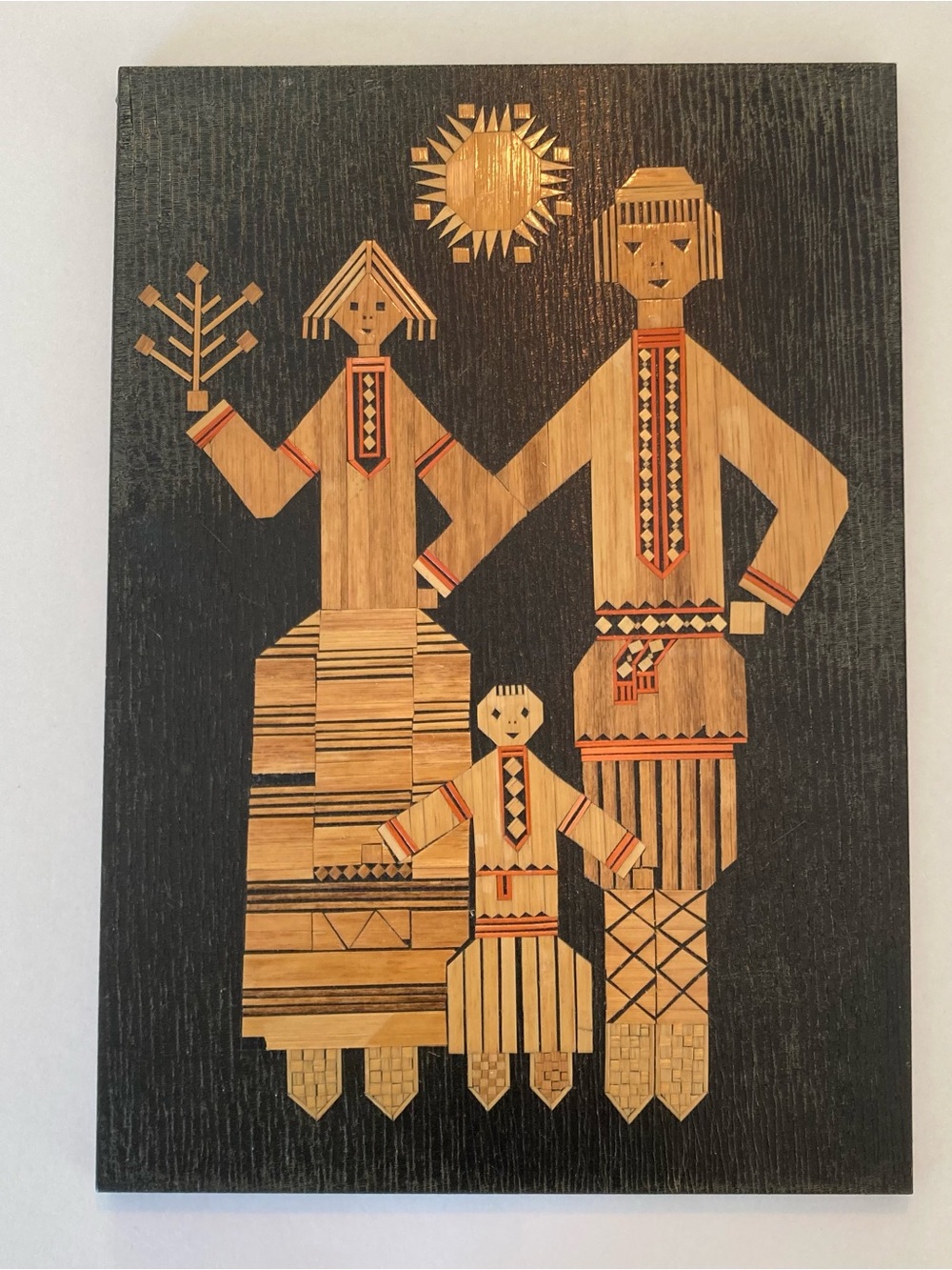 Wood Frame Made in USSR Folk Family Wall Art Sun Motif Souvenir Straw Marquetry